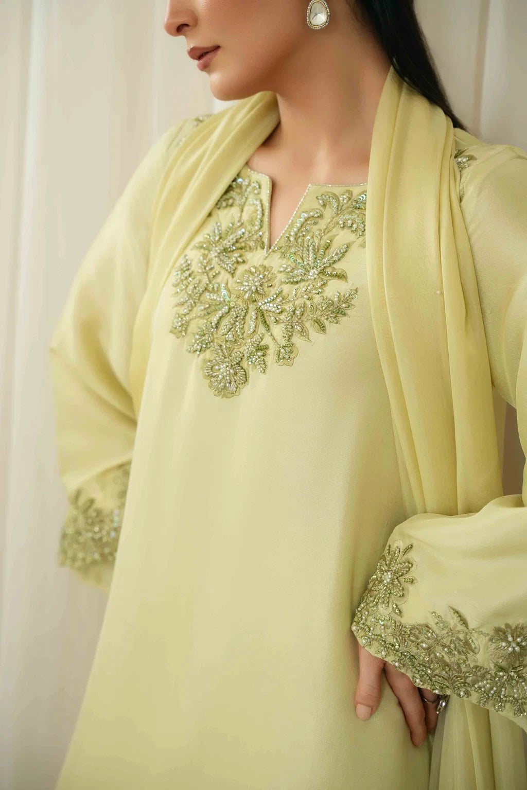 KAIDA-3PC-RAW SILK HAND EMBELLISHED SHIRT EMBROIDERED SOFT SILK DUPATTA AND RAW SILK TROUSER-UR-119
