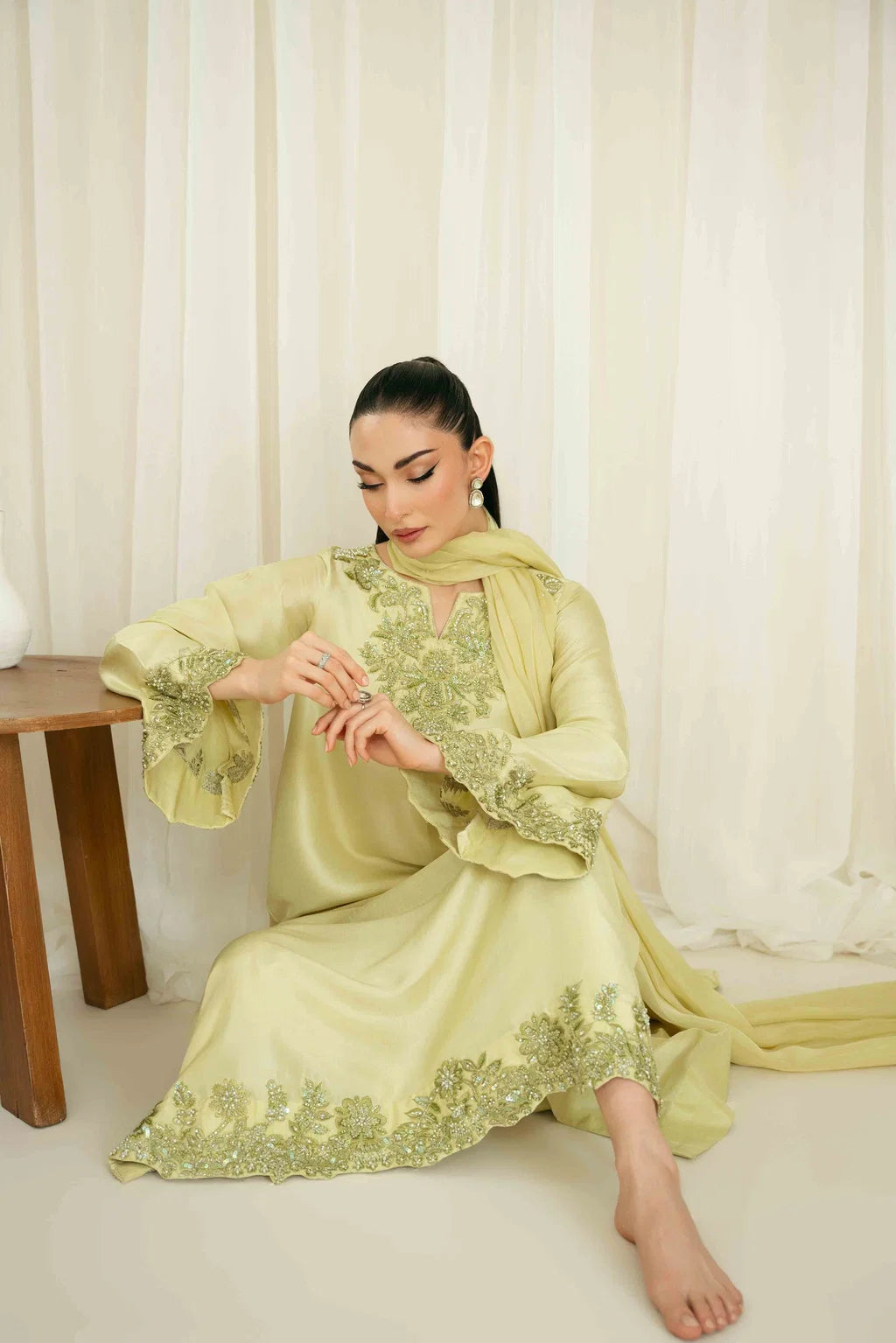 KAIDA-3PC-RAW SILK HAND EMBELLISHED SHIRT EMBROIDERED SOFT SILK DUPATTA AND RAW SILK TROUSER-UR-119