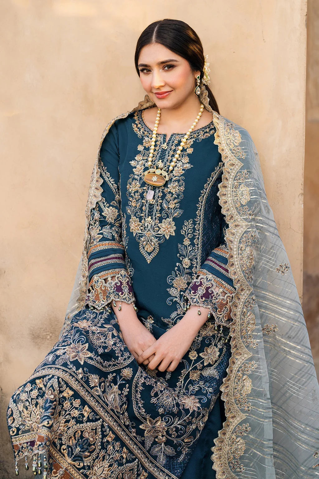 BATIK-3PC DHANAK HEAVY EMBROIDERED SHIRT WITH COTTON NET EMBROIDERED DUPATTA AND EMB TROUSER-UR-4025