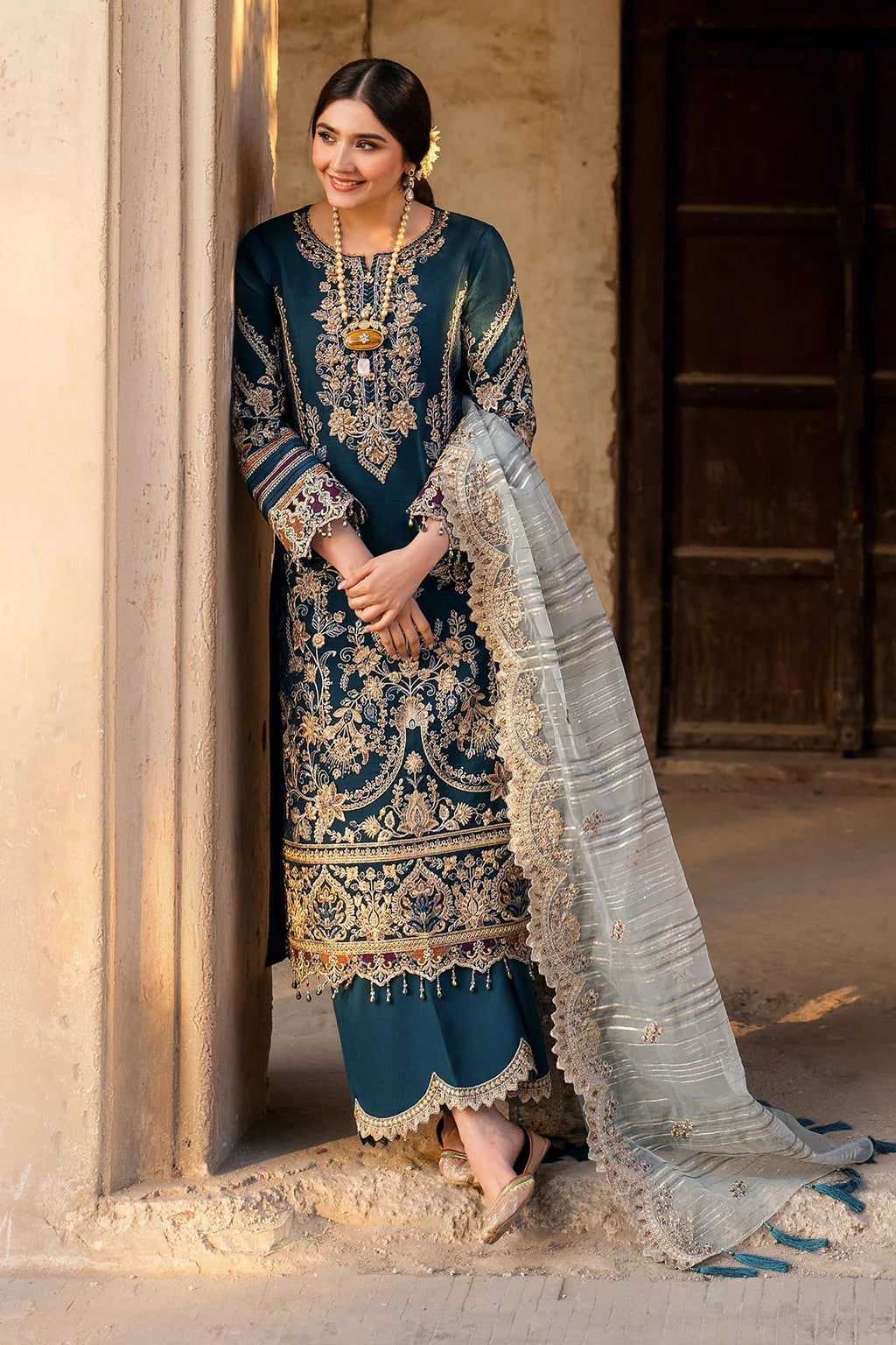 BATIK-3PC DHANAK HEAVY EMBROIDERED SHIRT WITH COTTON NET EMBROIDERED DUPATTA AND EMB TROUSER-UR-4025