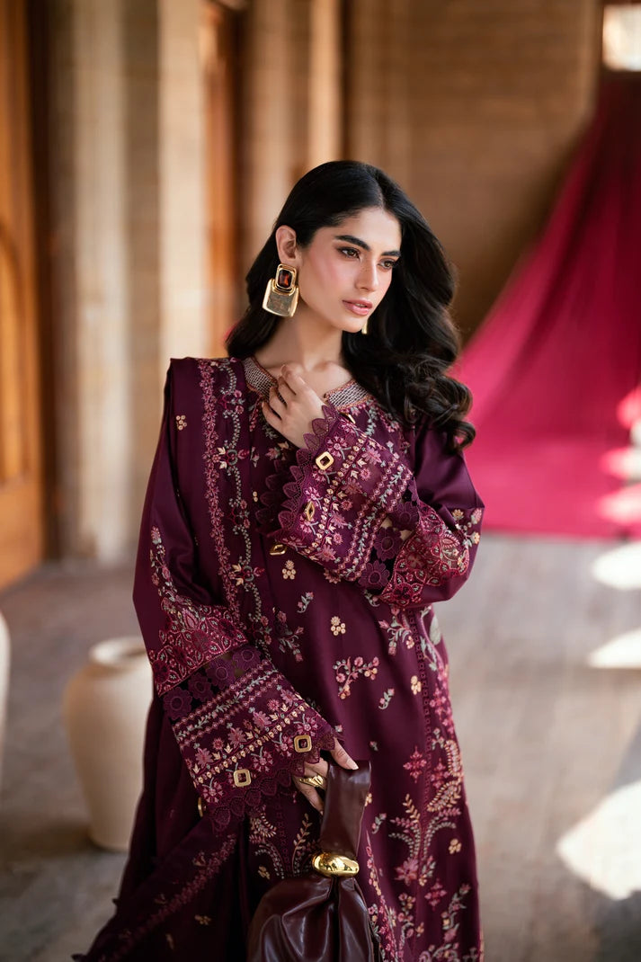 FLORENT-3PC DHANAK EMBROIDERED SHIRT WITH DHANAK EMBROIDERED SHAWL AND TROUSER-UR-4616