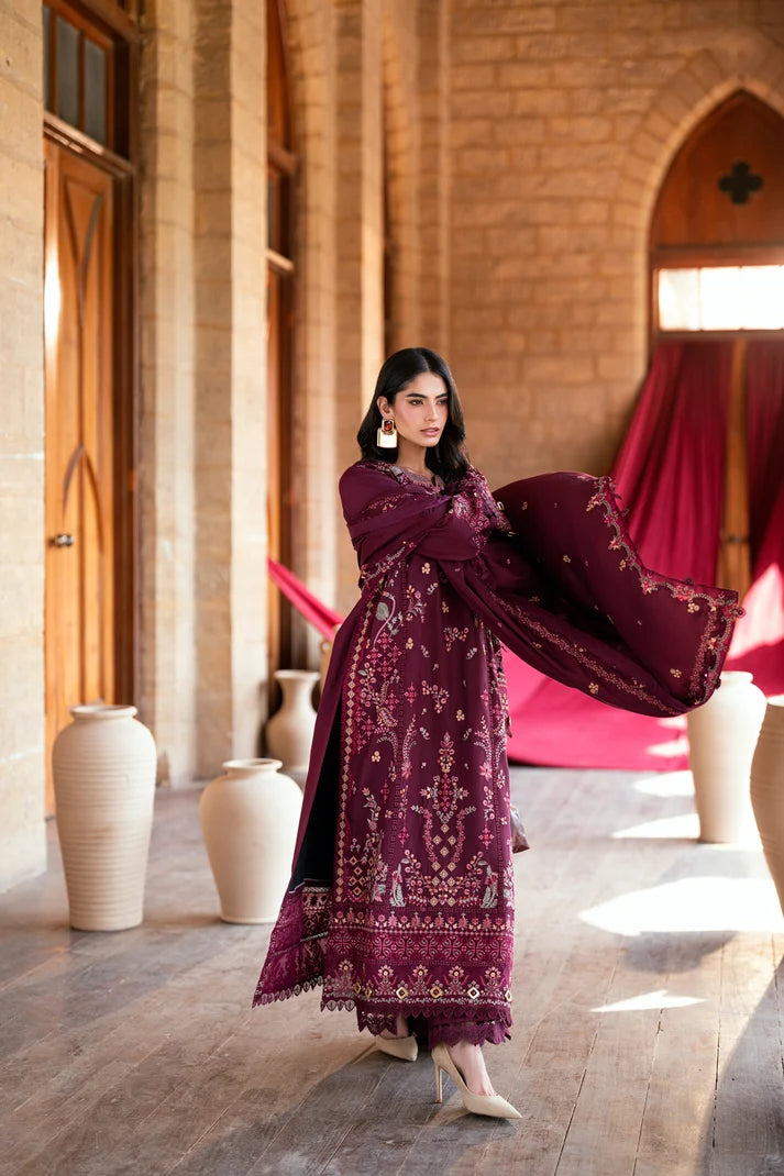 FLORENT-3PC DHANAK EMBROIDERED SHIRT WITH DHANAK EMBROIDERED SHAWL AND TROUSER-UR-4616