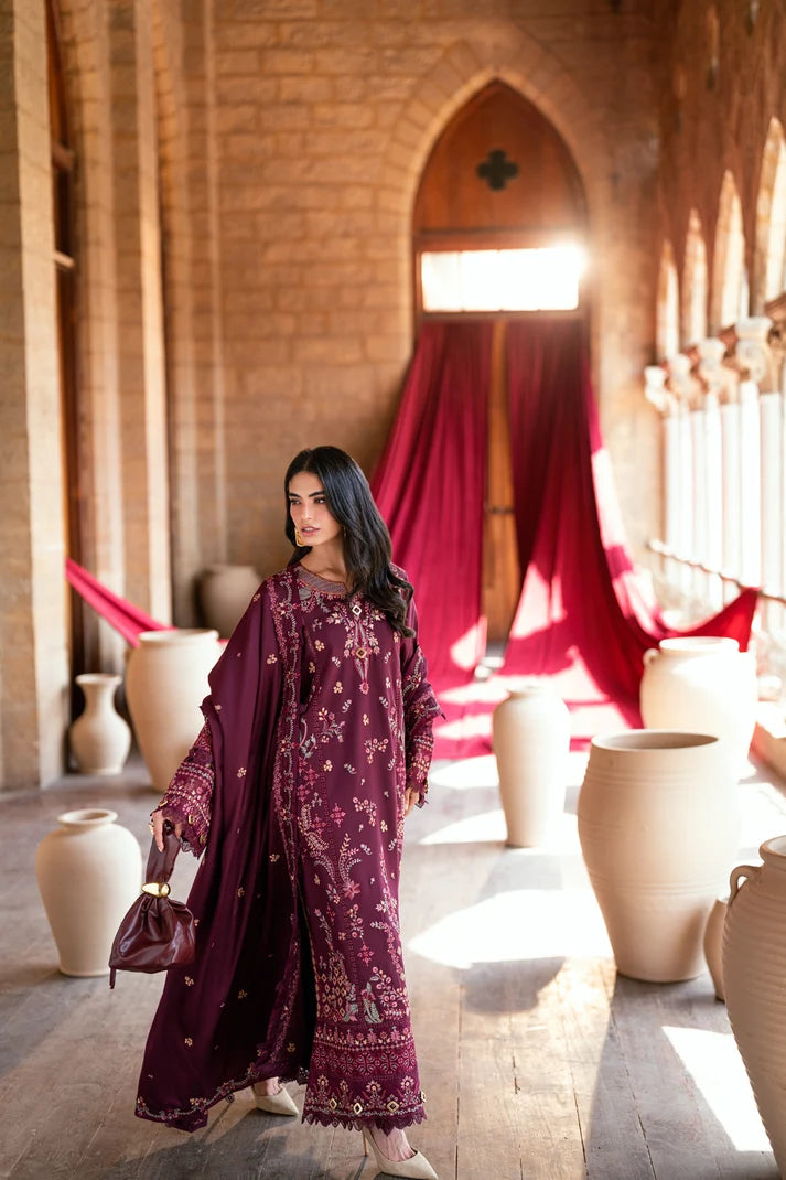 FLORENT-3PC DHANAK EMBROIDERED SHIRT WITH DHANAK EMBROIDERED SHAWL AND TROUSER-UR-4616