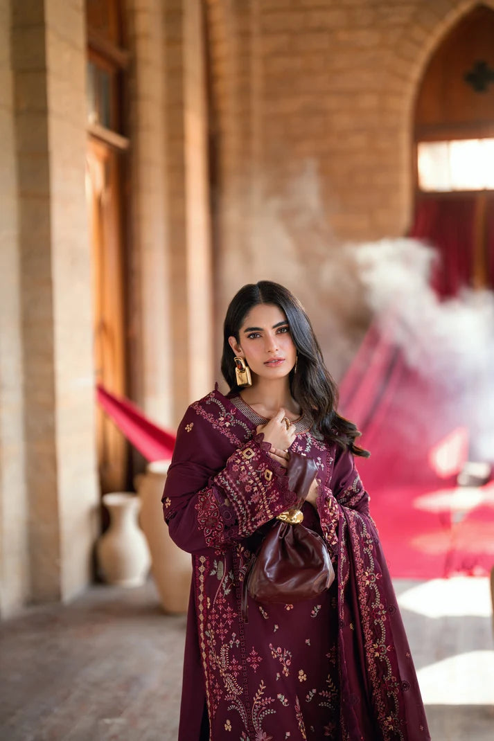 FLORENT-3PC DHANAK EMBROIDERED SHIRT WITH DHANAK EMBROIDERED SHAWL AND TROUSER-UR-4616