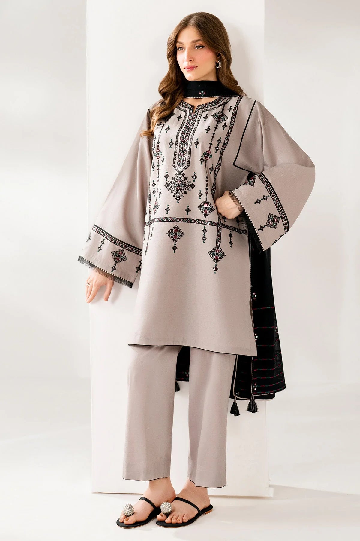 JAZMIN-3PC DHANAK EMBROIDERED SHIRT WITH CHIFFON EMB DUPATTA AND TROUSER-UR-4053