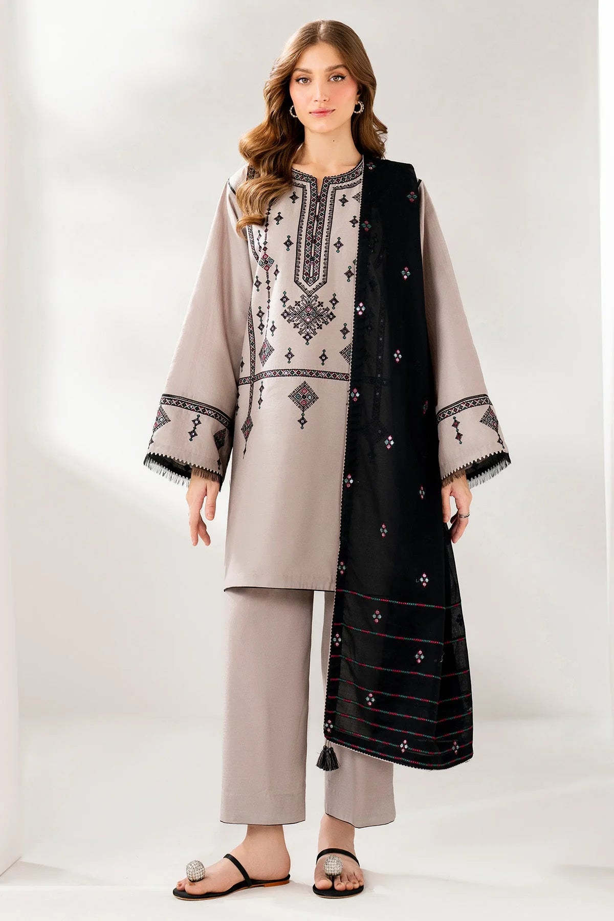 JAZMIN-3PC DHANAK EMBROIDERED SHIRT WITH CHIFFON EMB DUPATTA AND TROUSER-UR-4053