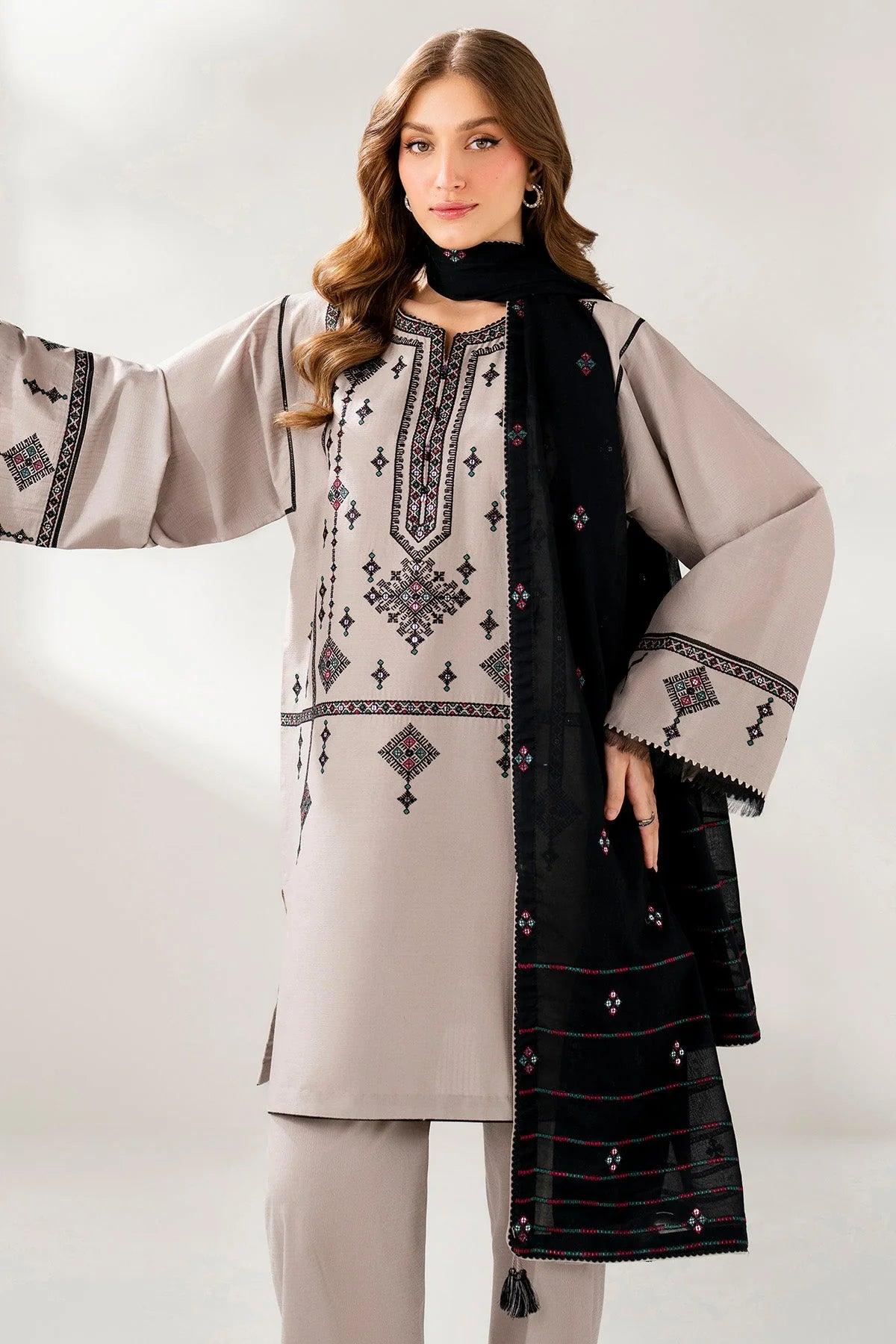 JAZMIN-3PC DHANAK EMBROIDERED SHIRT WITH CHIFFON EMB DUPATTA AND TROUSER-UR-4053