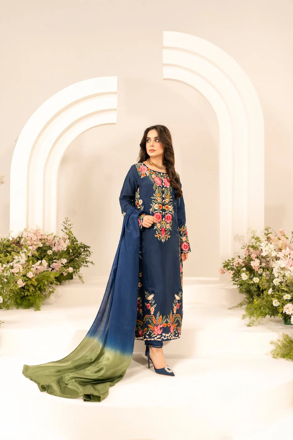 MIRANA-3PC LAWN EMBROIDERED SHIRT WITH CHIFFON TYE & DYE DUPATTA & TROUSER-UR-3546