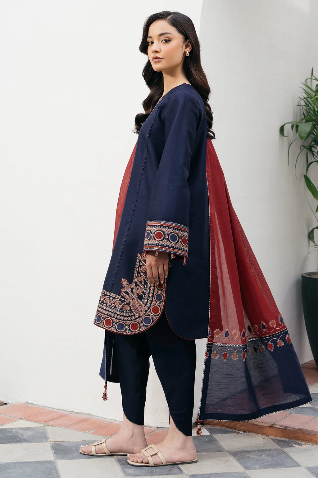 JAZMIN-3PC DHANAK EMBROIDERED SHIRT WITH COURTRAI PRINTED SHAWL AND TROUSER-UR-4161