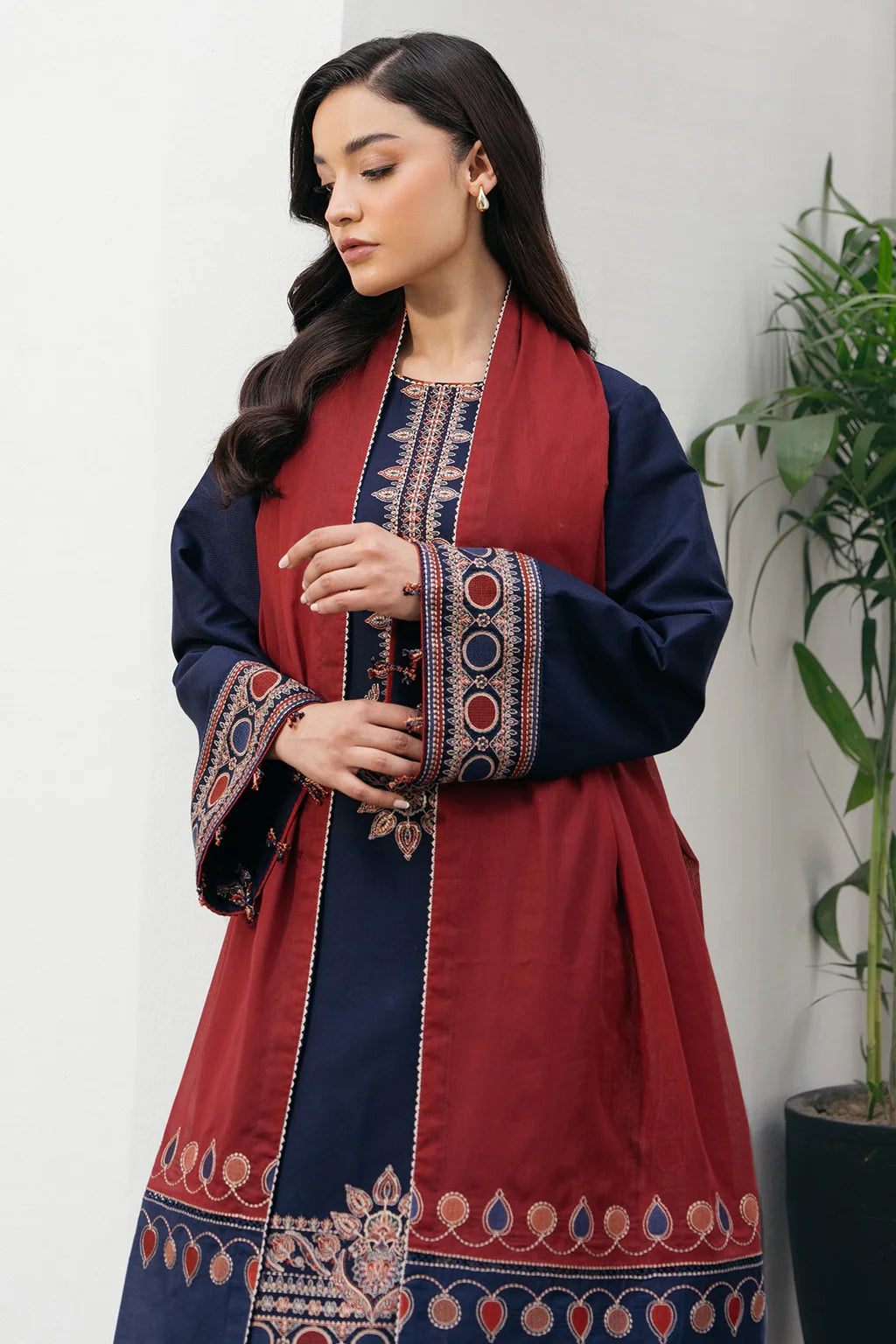 JAZMIN-3PC DHANAK EMBROIDERED SHIRT WITH COURTRAI PRINTED SHAWL AND TROUSER-UR-4161