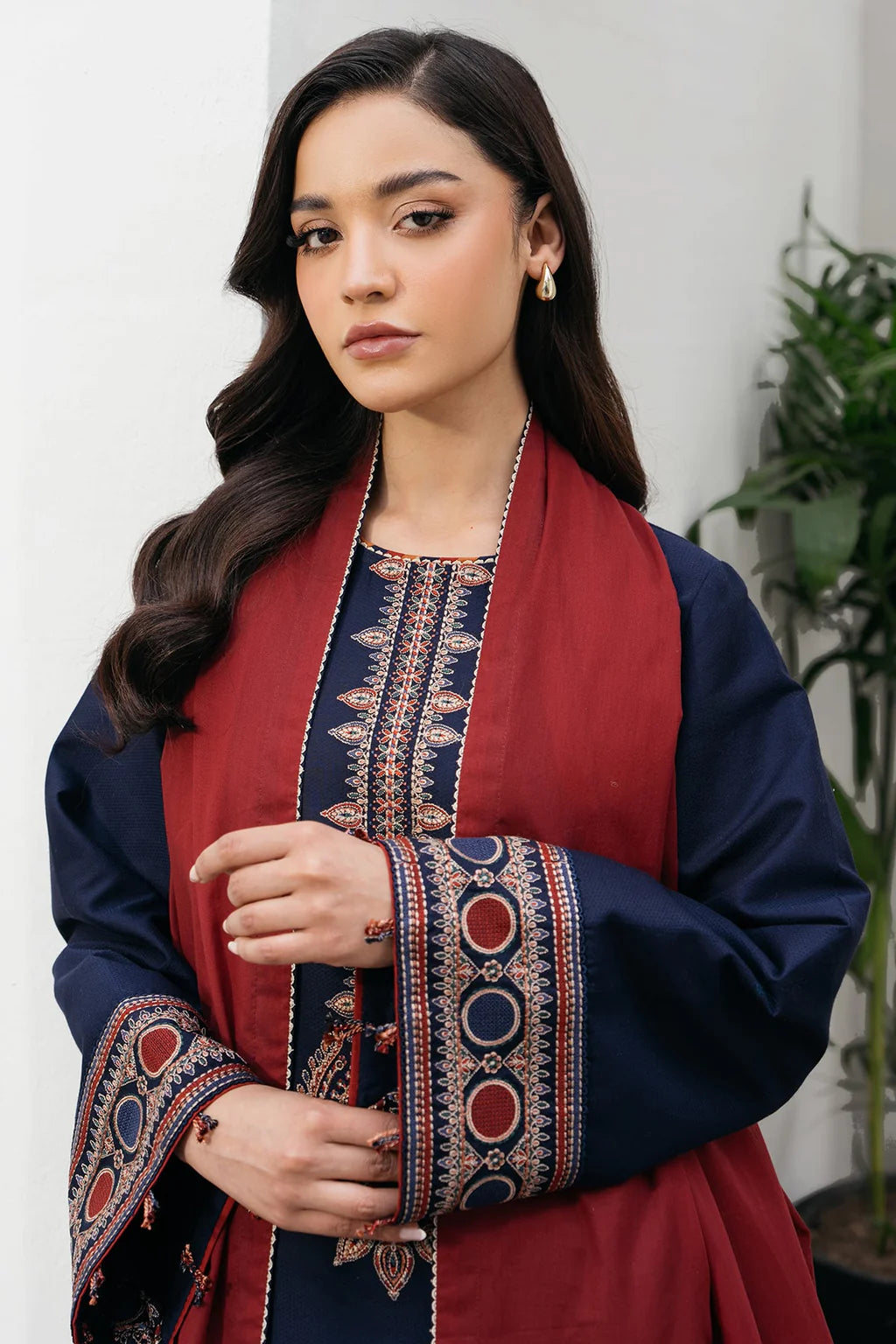 JAZMIN-3PC DHANAK EMBROIDERED SHIRT WITH COURTRAI PRINTED SHAWL AND TROUSER-UR-4161