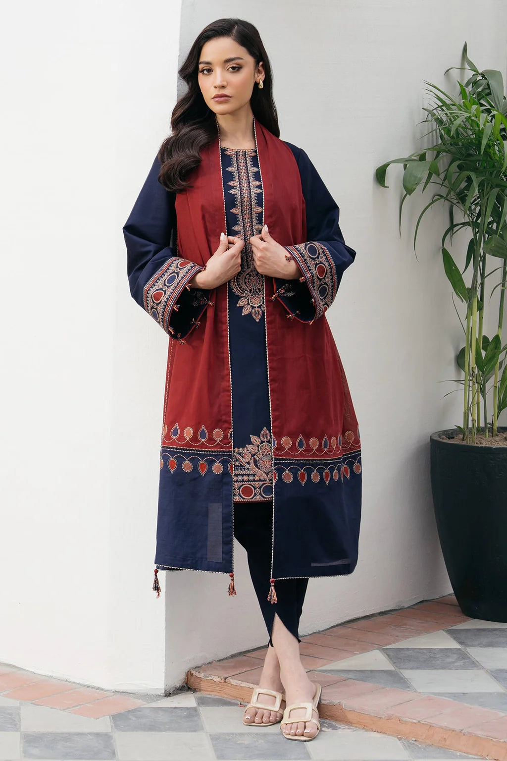 JAZMIN-3PC DHANAK EMBROIDERED SHIRT WITH COURTRAI PRINTED SHAWL AND TROUSER-UR-4161