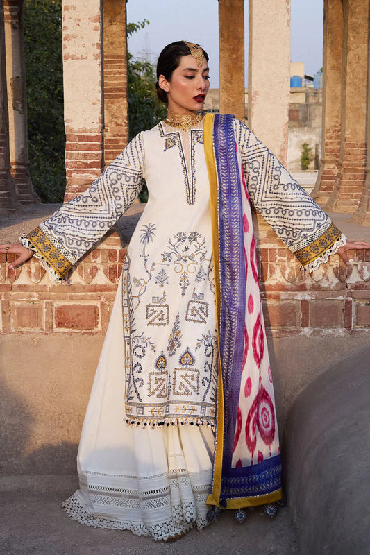 HUSSAIN REHAR--3PC KHADDAR HEAVY EMBROIDERED SHIRT WITH COUTRAI WOOL PRINT SHAWL AND TROUSER-UR-2450