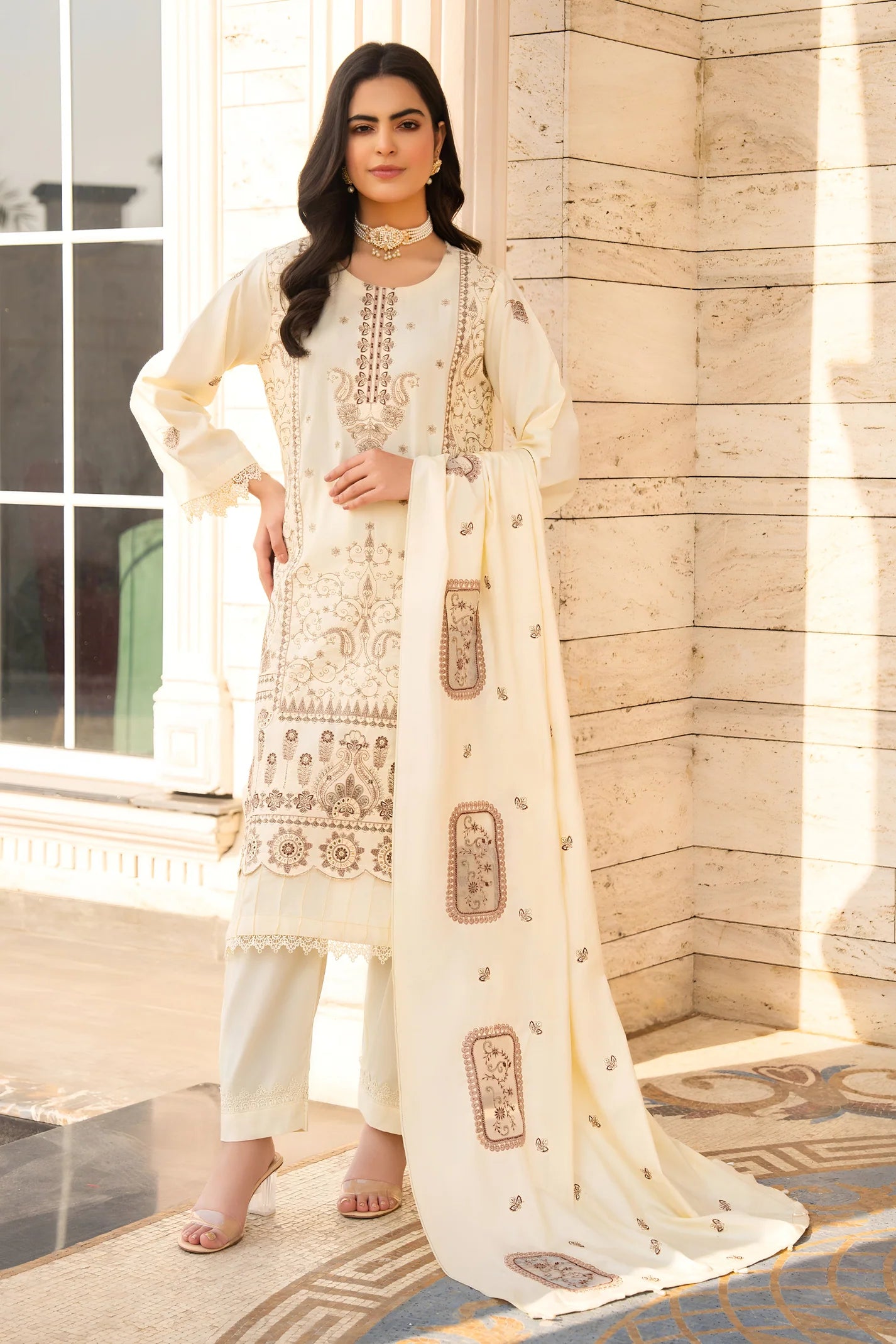 TANA BANA-3PC DHANAK EMBROIDERED SHIRT WITH DHANAK HEAVY CUTWORK EMBROIDERED SHAWL-1005