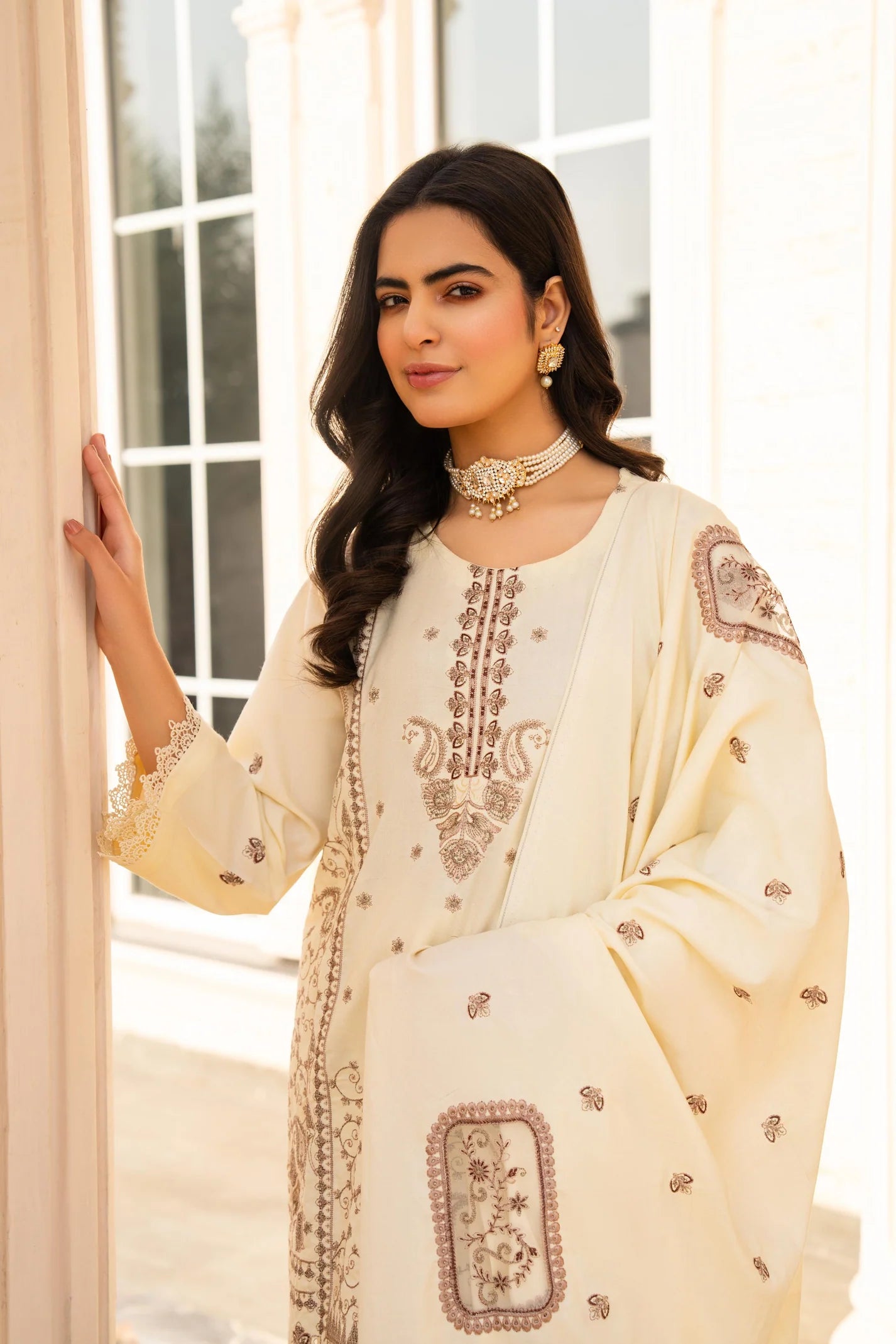 TANA BANA-3PC DHANAK EMBROIDERED SHIRT WITH DHANAK HEAVY CUTWORK EMBROIDERED SHAWL-1005