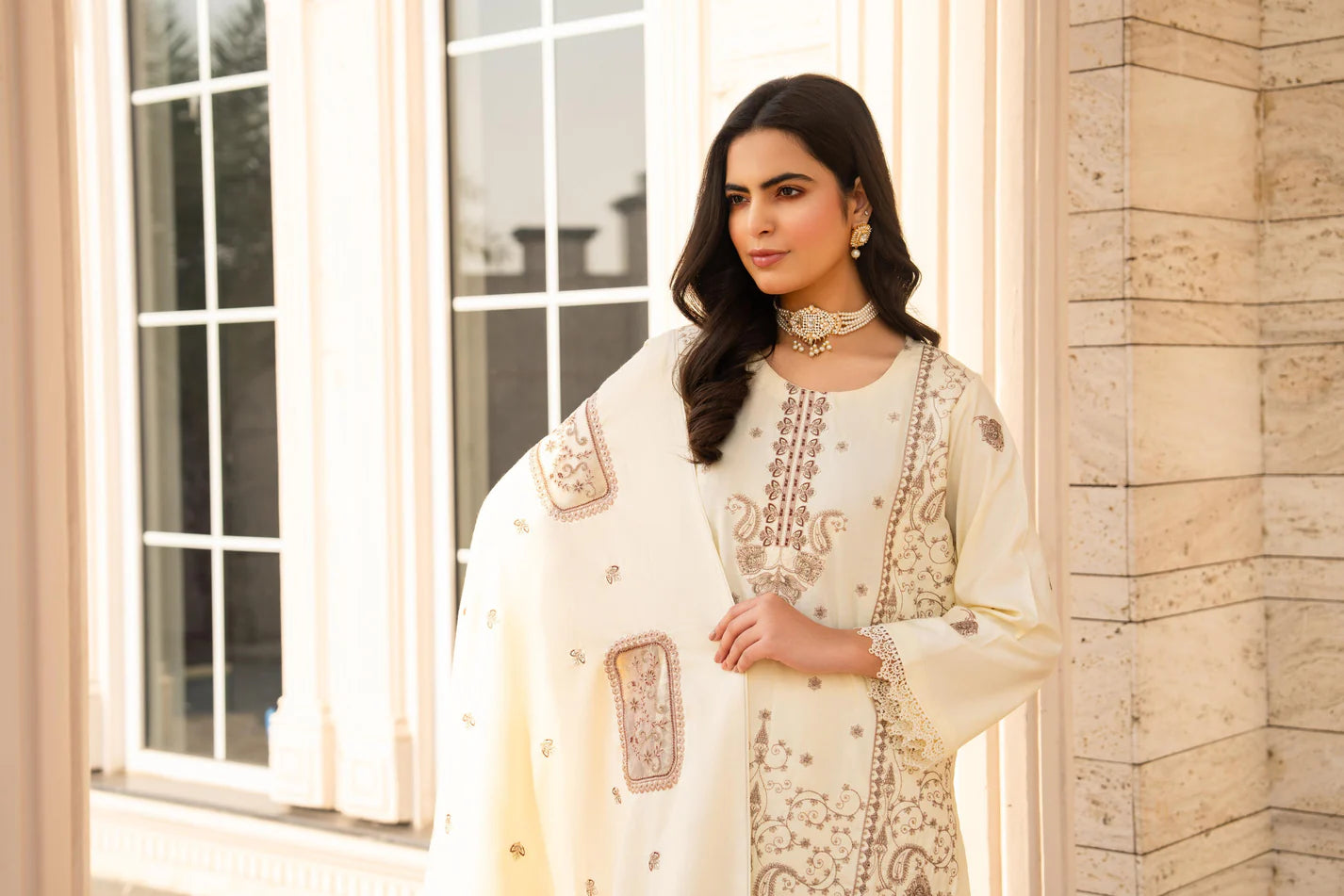 TANA BANA-3PC DHANAK EMBROIDERED SHIRT WITH DHANAK HEAVY CUTWORK EMBROIDERED SHAWL-1005