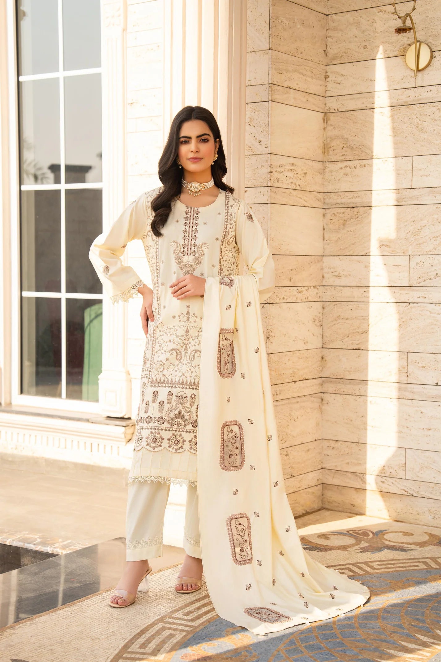 TANA BANA-3PC DHANAK EMBROIDERED SHIRT WITH DHANAK HEAVY CUTWORK EMBROIDERED SHAWL-1005