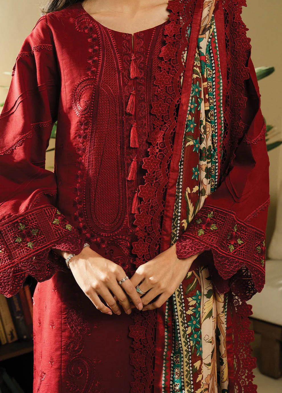 BATIK-3PC DHANAK EMBROIDERED SHIRT WITH COUTRAI WOOL PRINTED SHAWL AND TROUSER-UR-3888