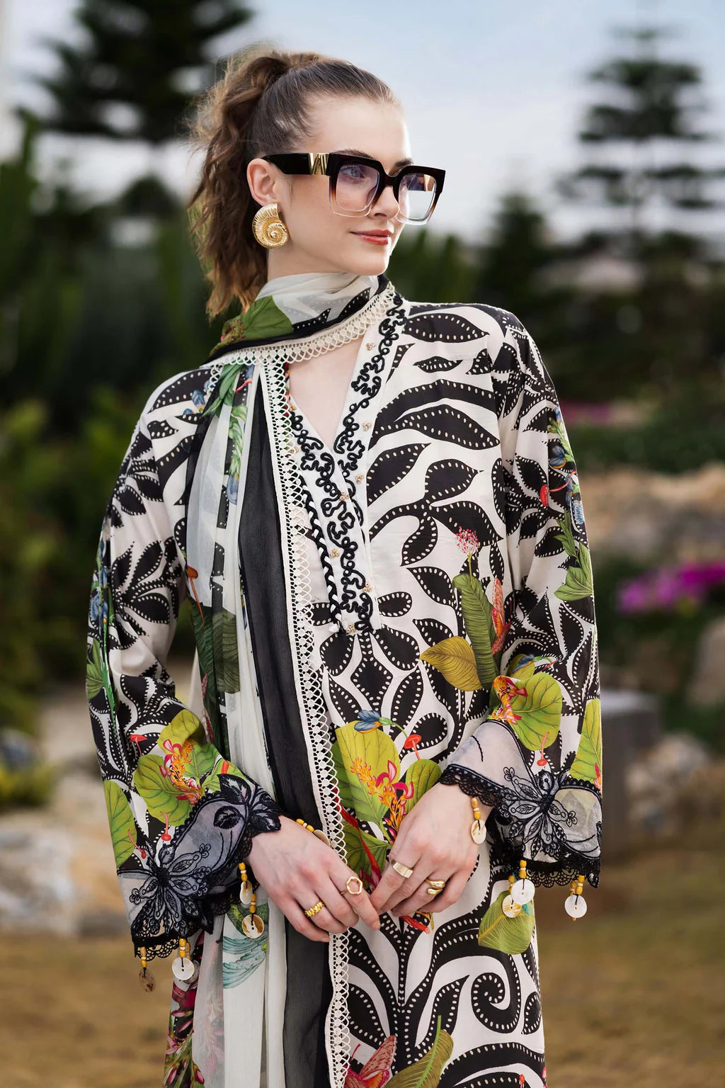 MARIA.B-3PC LAWN DIGITAL PRINTED EMB SHIRT WITH SILK PRINTED DUPATTA AND DYED TROUSER-UR-514