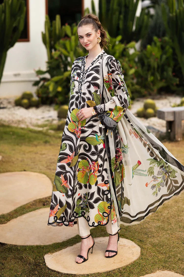 MARIA.B-3PC LAWN DIGITAL PRINTED EMB SHIRT WITH SILK PRINTED DUPATTA AND DYED TROUSER-UR-514