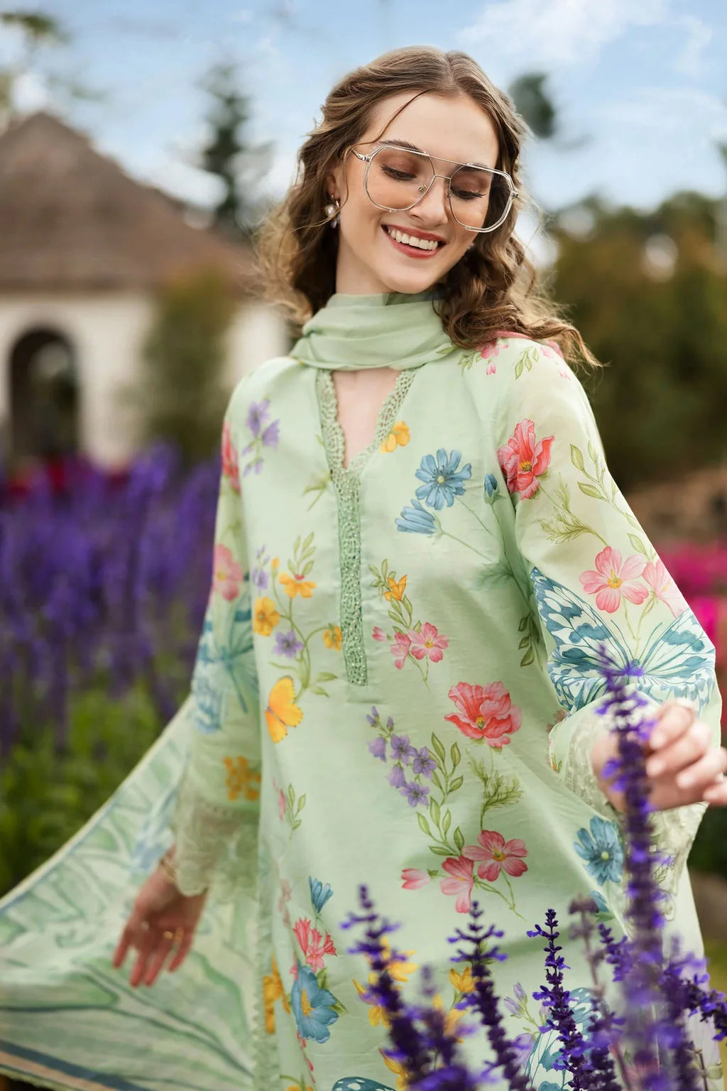 MARIA.B-3PC LAWN DIGITAL PRINTED EMB SHIRT WITH SILK PRINTED DUPATTA AND PRINTED TROUSER-UR-530