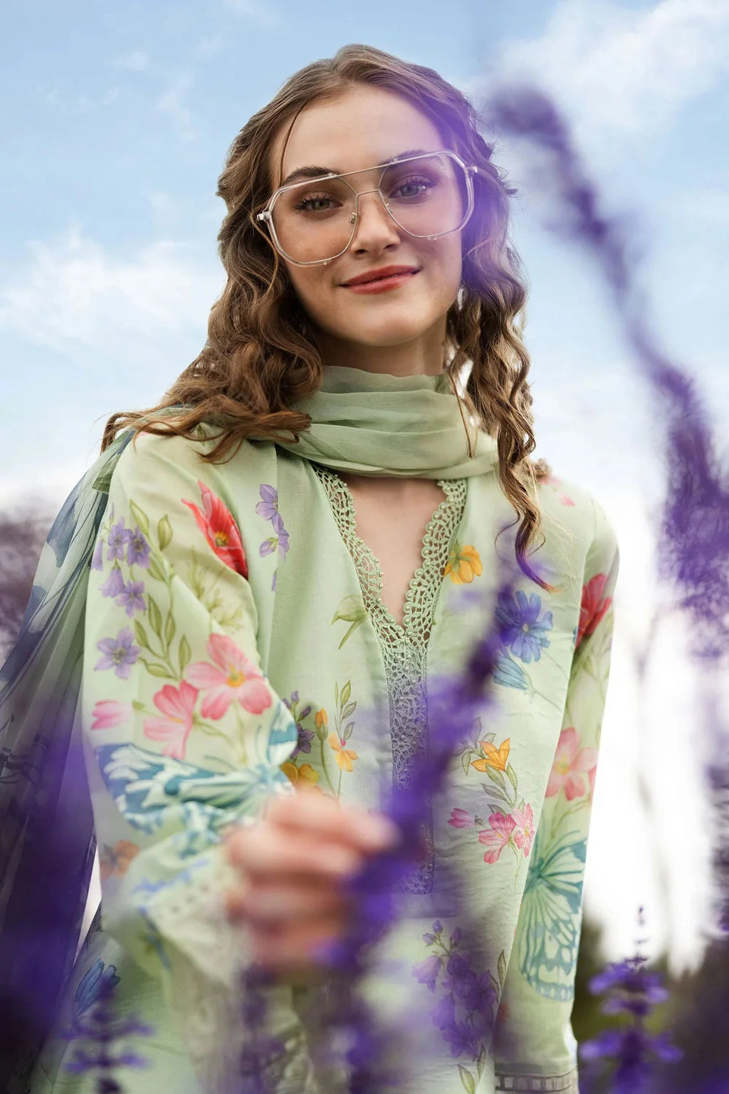 MARIA.B-3PC LAWN DIGITAL PRINTED EMB SHIRT WITH SILK PRINTED DUPATTA AND PRINTED TROUSER-UR-530