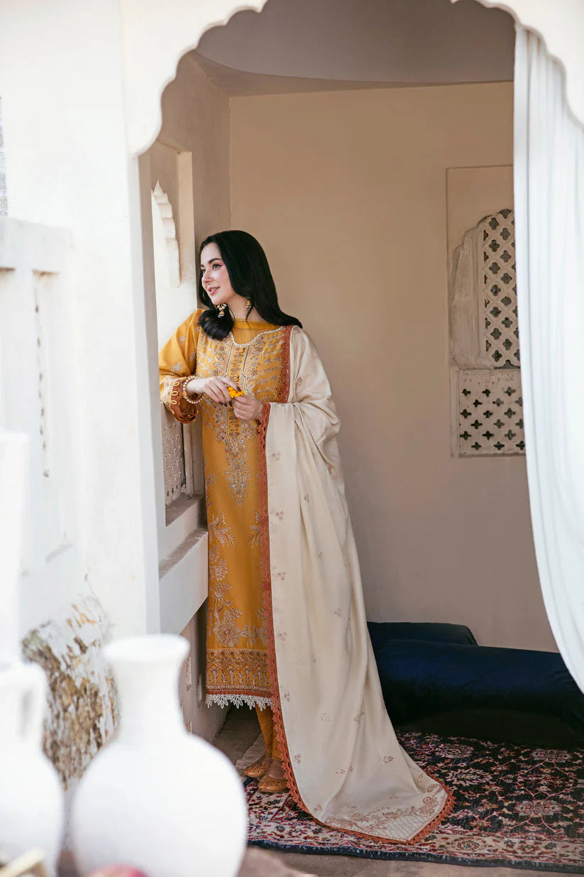 FLORENT-3PC DHANAK EMBROIDERED SHIRT WITH DHANAK EMBROIDERED SHAWL AND TROUSER -UR-4033