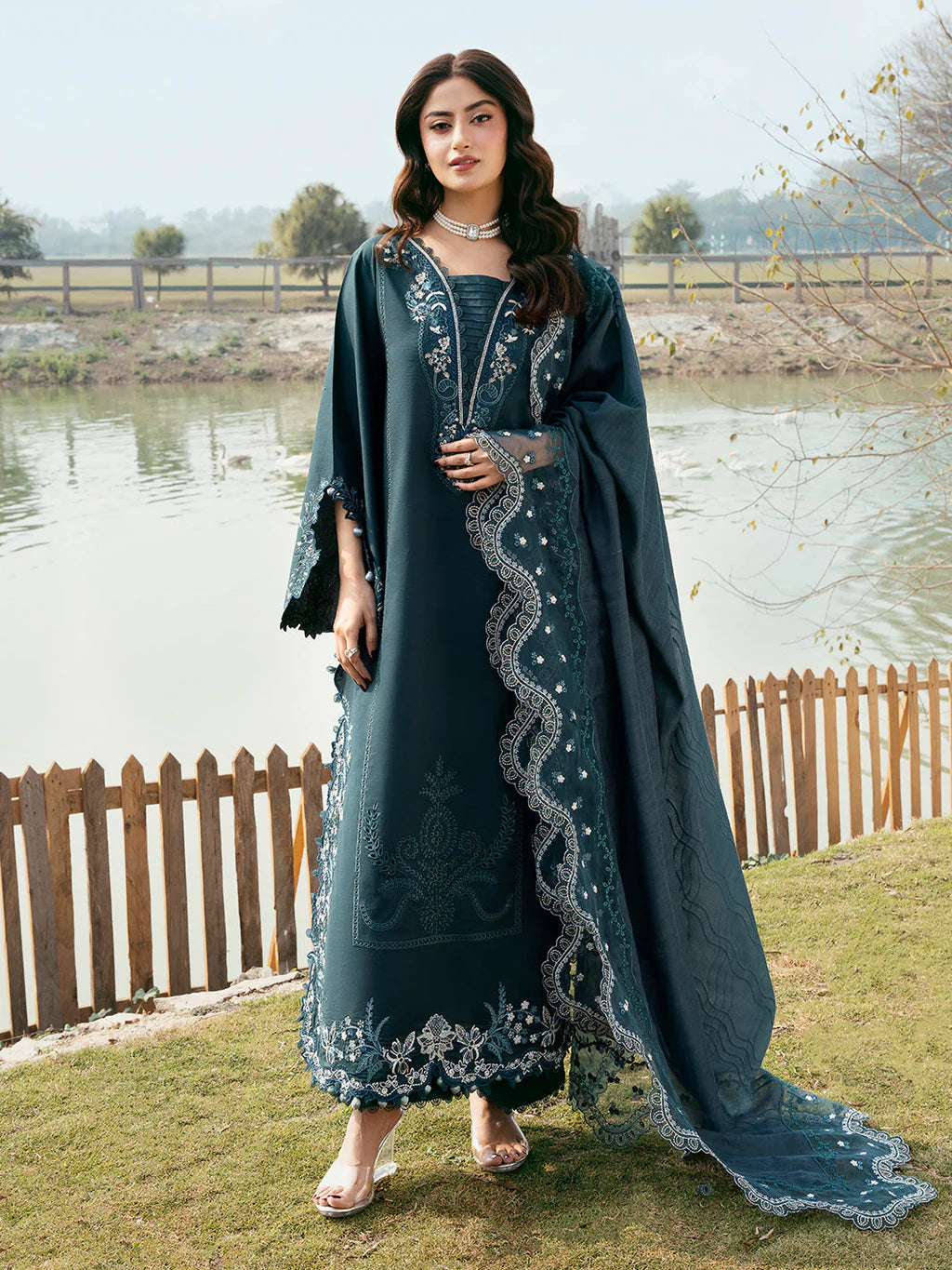 IZEL-3PC LAWN EMBROIDERED SHIRT WITH KHAADI NET EMBROIDERED DUPATTA AND TROUSER-UR-4212