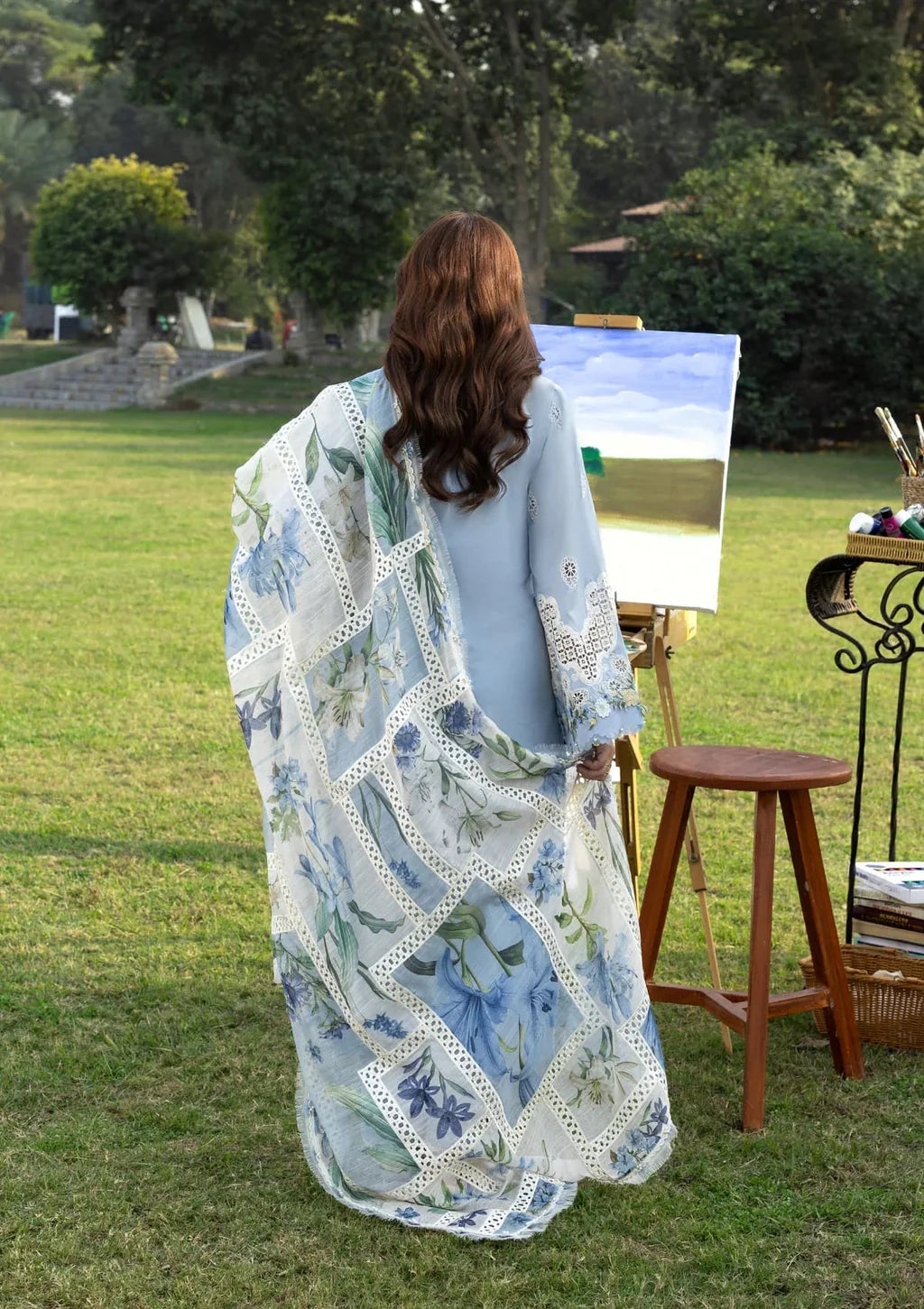 ELAF-3PC LAWN EMBROIDERED SHIRT WITH CHIFFON PRINTED DUPATTA AND TROUSER-UR-4261
