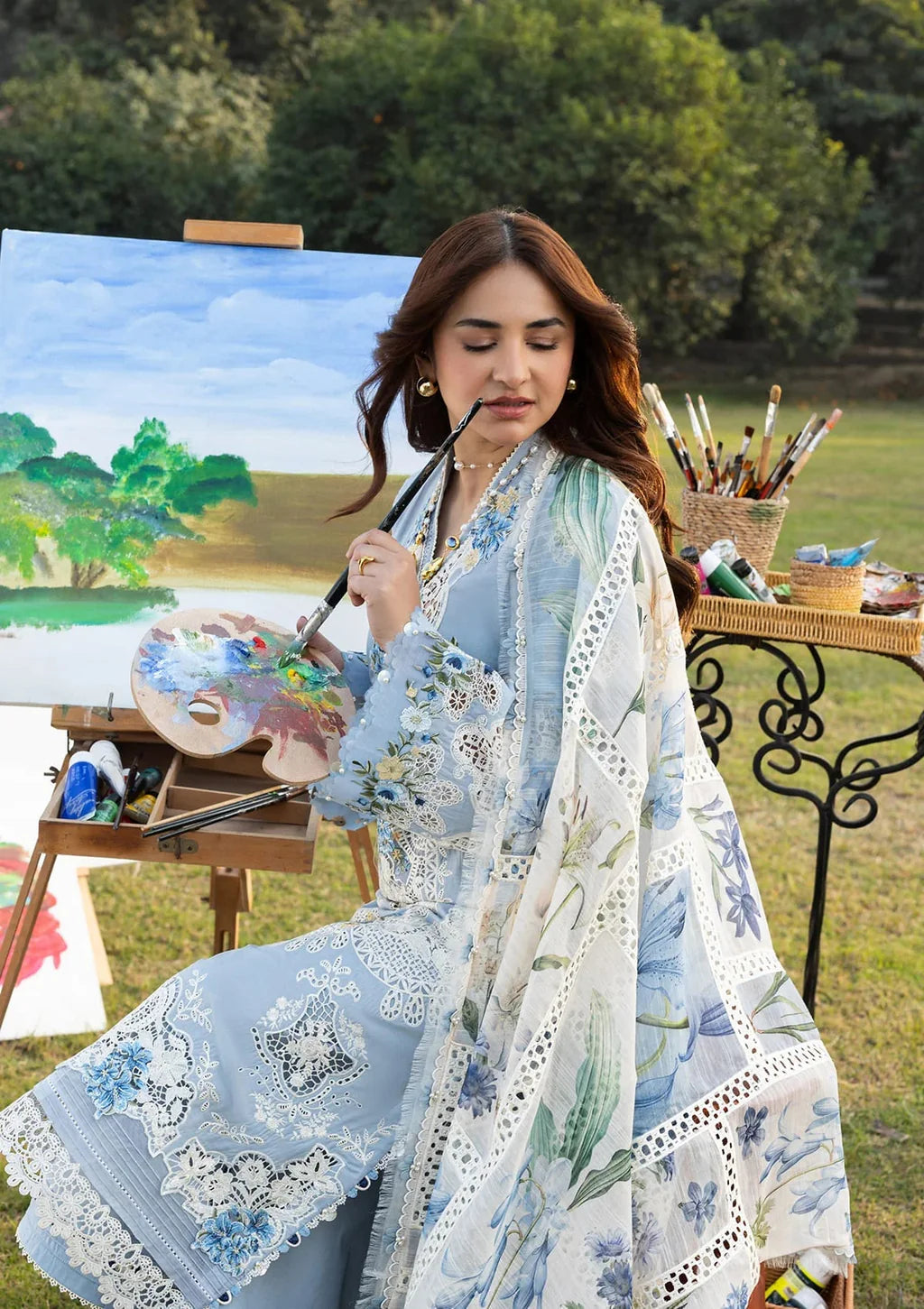 ELAF-3PC LAWN EMBROIDERED SHIRT WITH CHIFFON PRINTED DUPATTA AND TROUSER-UR-4261