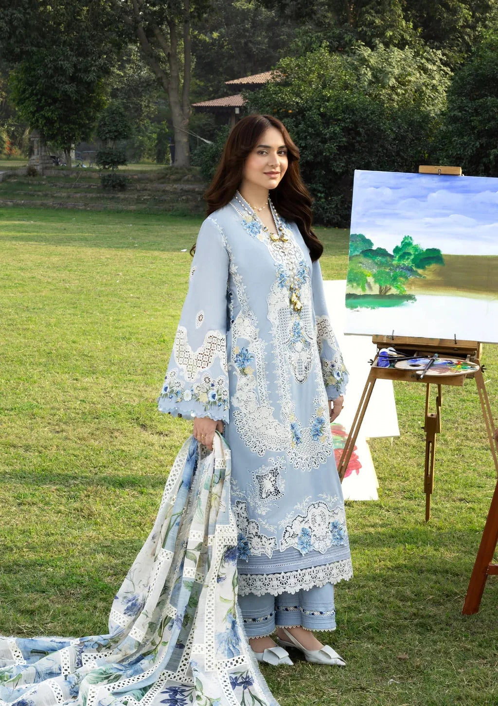 ELAF-3PC LAWN EMBROIDERED SHIRT WITH CHIFFON PRINTED DUPATTA AND TROUSER-UR-4261