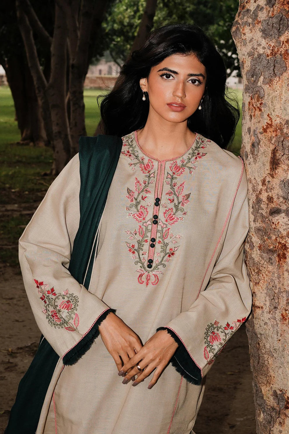 COCO BY ZAHRA SHAHJAHAN - 3PC DHANAK EMBROIDERED SHIRT WITH DHANAK EMBROIDERED SHAWL AND TROUSER-TANA-1526