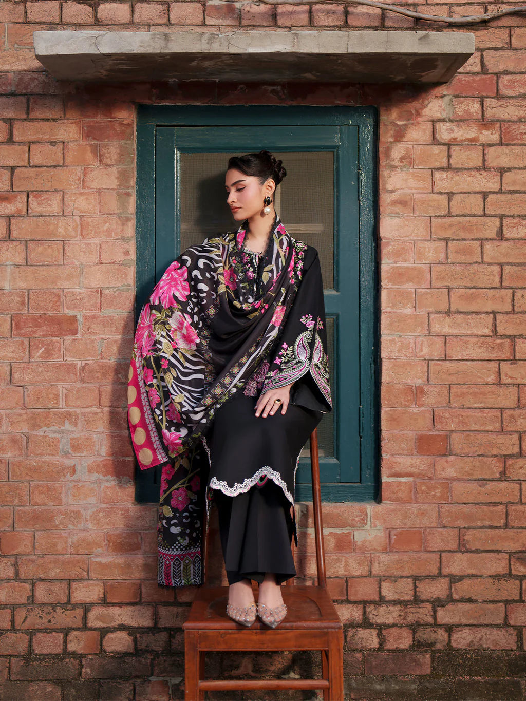 MAHNUR-3PIECE LAWN EMBROIDERED SHIRT WITH CHIFFON PRINTED DUPATTA AND TROUSER-UR-4591
