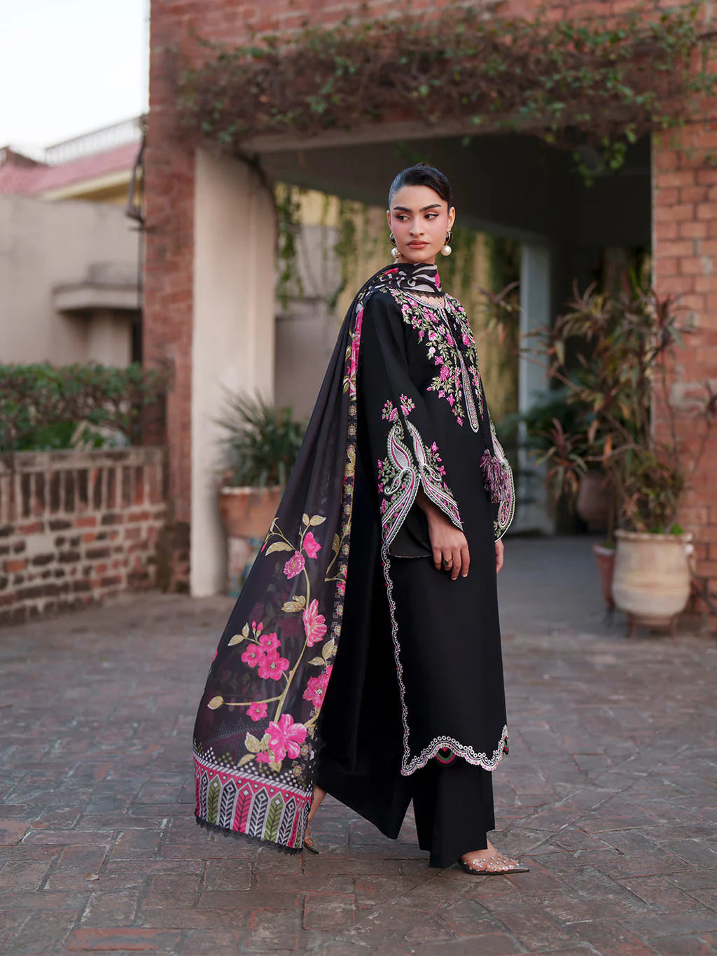 MAHNUR-3PIECE LAWN EMBROIDERED SHIRT WITH CHIFFON PRINTED DUPATTA AND TROUSER-UR-4591