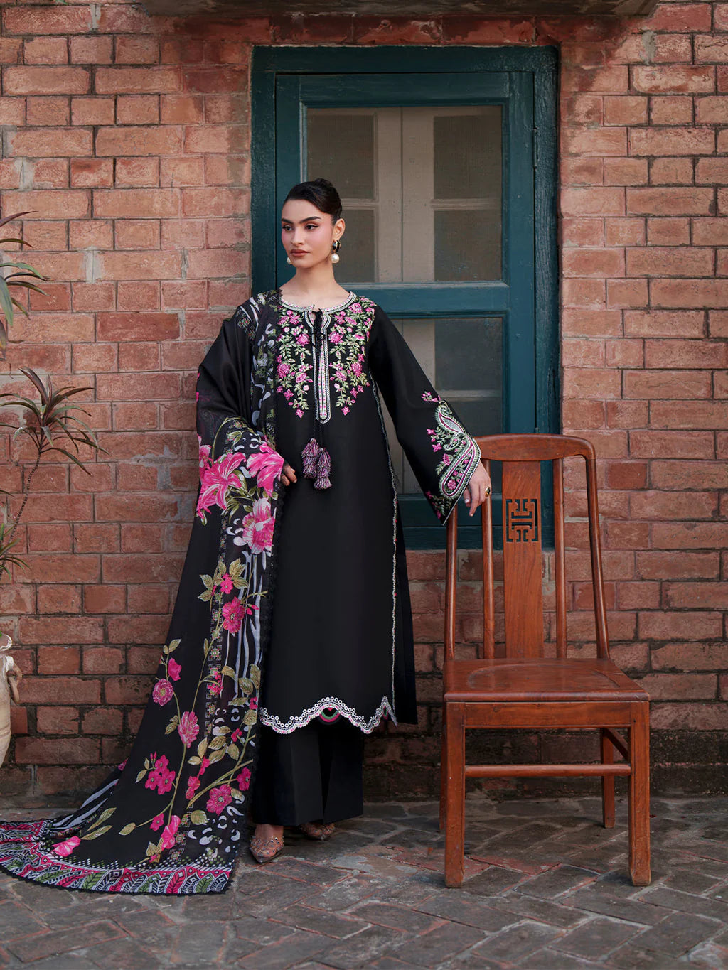 MAHNUR-3PIECE LAWN EMBROIDERED SHIRT WITH CHIFFON PRINTED DUPATTA AND TROUSER-UR-4591