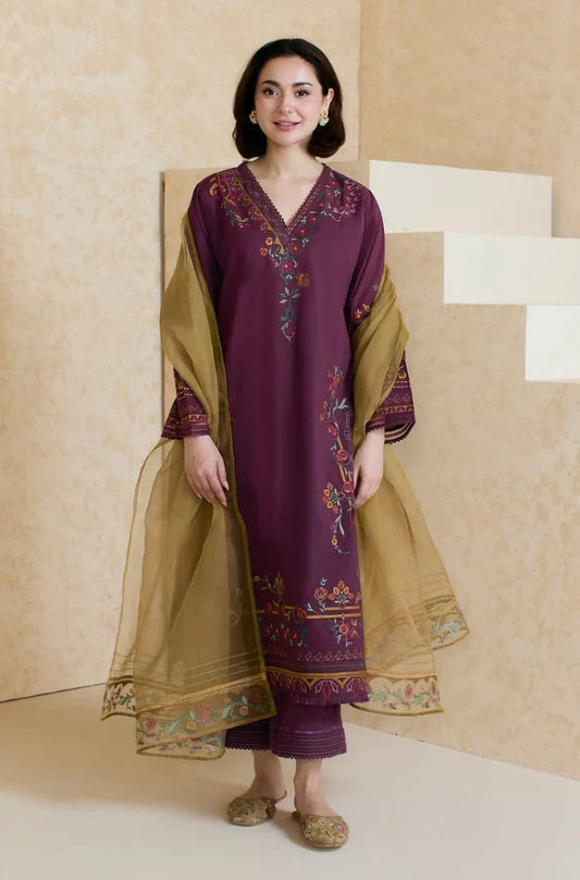 ZARA SHAHJAHAN - 3PC LAWN EMBROIDERED SHIRT WITH ORGANZA EMBROIDERED DUPATTA AND TROUSER-UR-3252