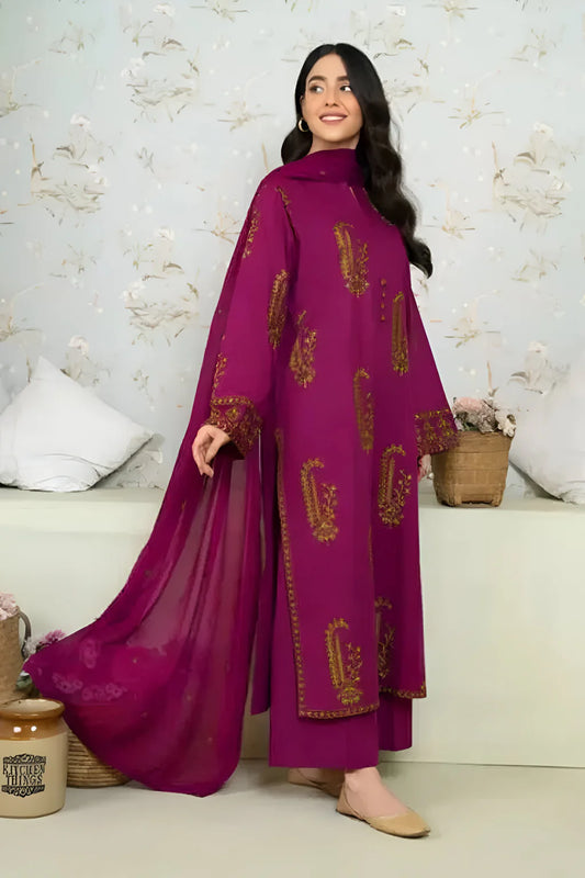 SAPPHIRE-3PC DHANAK EMBROIDERED SHIRT WITH DHANAK EMBROIDERED SHAWL AND TROUSER-UR-3858