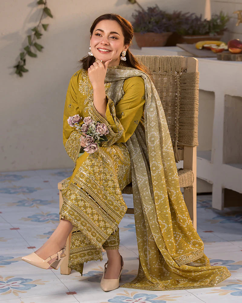 JADE-3PC LAWN EMBROIDERED SHIRT WITH MONARK PRINT DUPATTA & TROUSER-UR-3233