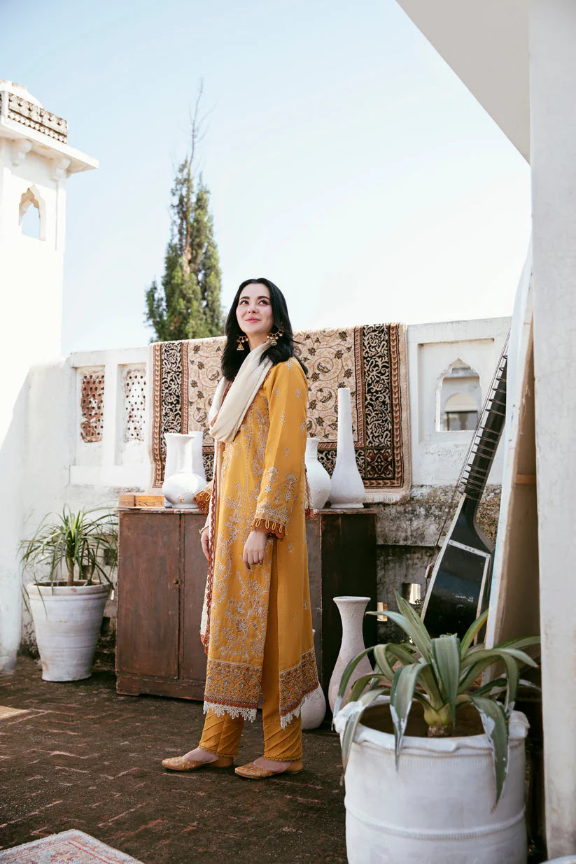 FLORENT-3PC DHANAK EMBROIDERED SHIRT WITH DHANAK EMBROIDERED SHAWL AND TROUSER -UR-4033