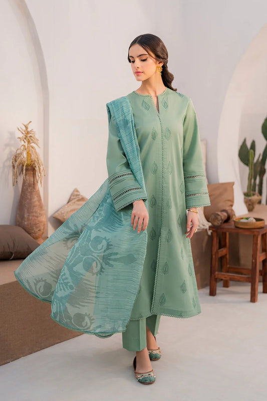 HANA- 3PC LAWN EMBROIDERED SHIRT WITH MONARK PRINT DUPATTA AND TROUSER-UR-2529