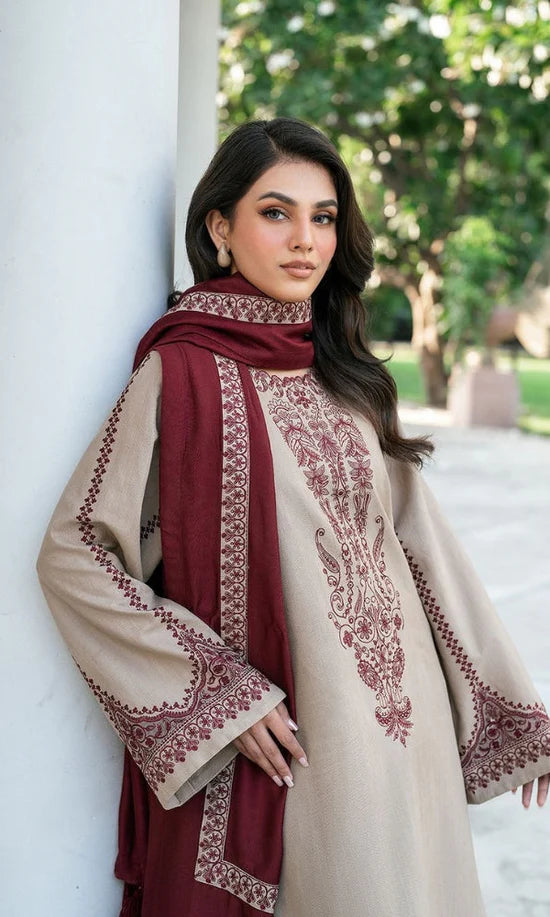 BAROQUE-3PC DHANAK EMBROIDERED SHIRT WITH DHANAK EMBROIDERED SHAWL AND EMB TROUSER-UR-4089