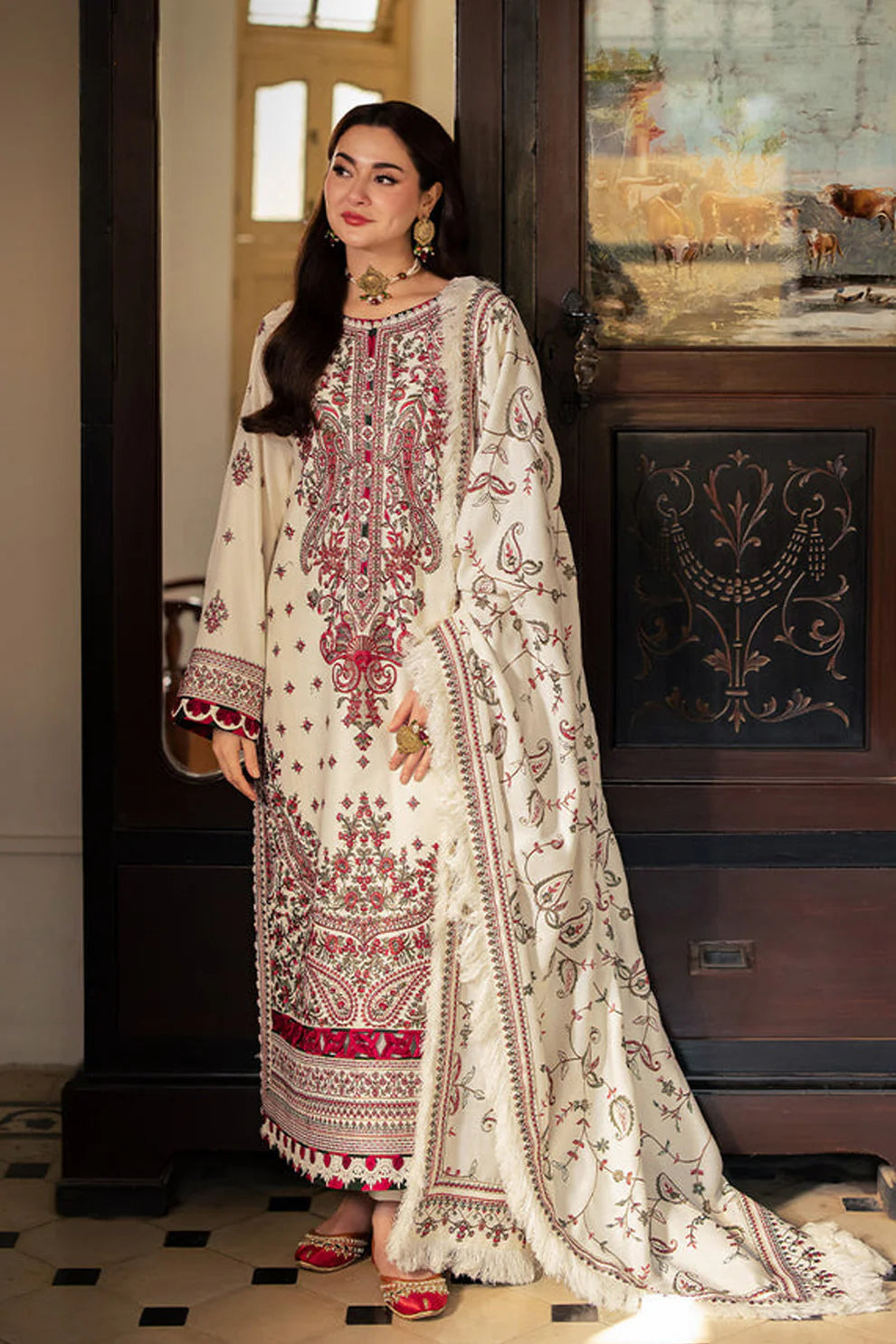 ASIM JOFA-3PC DHANAK SEQUENCE EMBROIDERED SHIRT WITH DHANAK EMBROIDERED SHAWL & DHANAK TOUSER-UR-4010