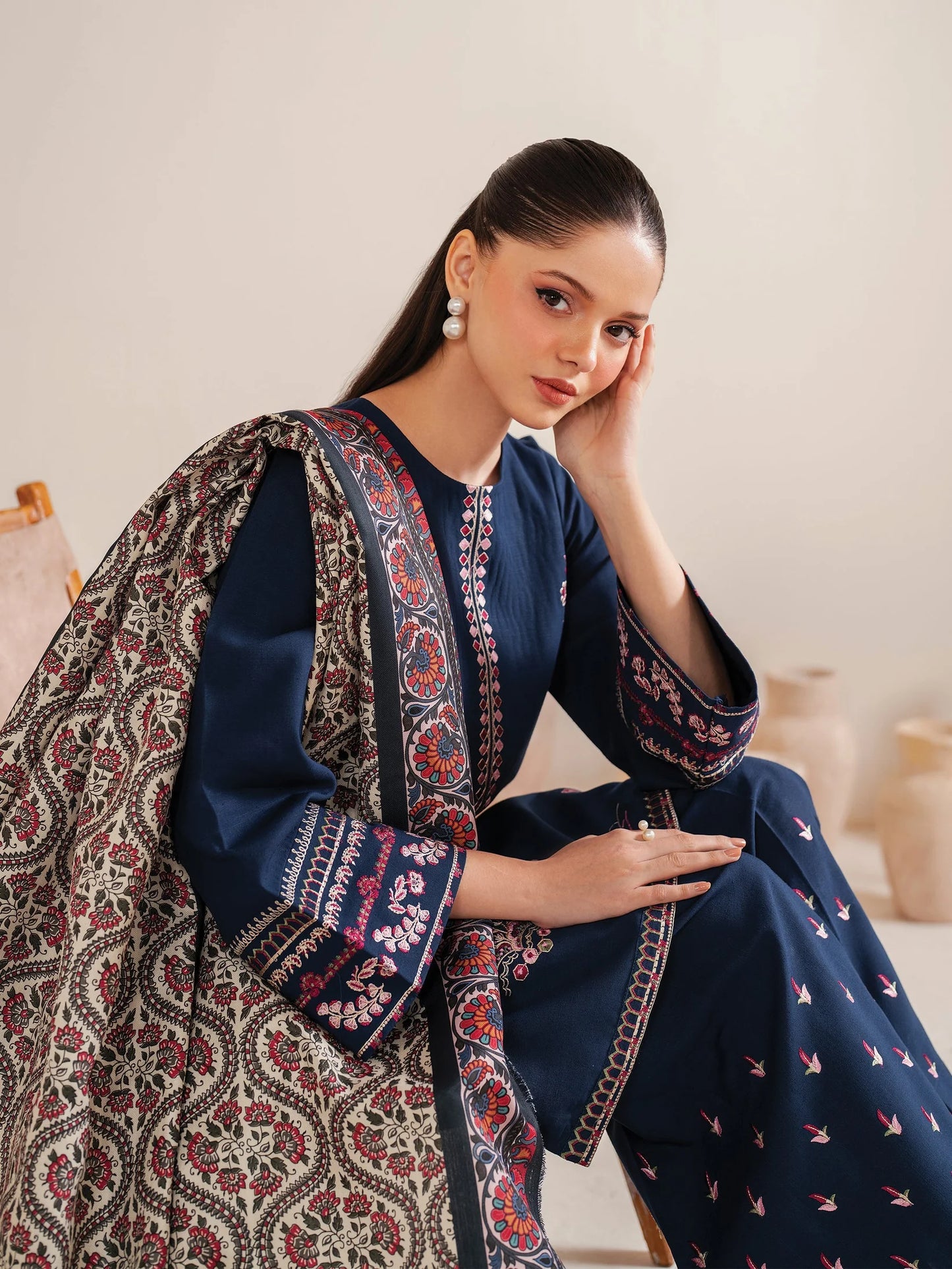 GARNET-3PC LAWN EMBROIDERED SHIRT WITH MONARK PRINT DUPATTA & LAWN TROUSER-UR-2578