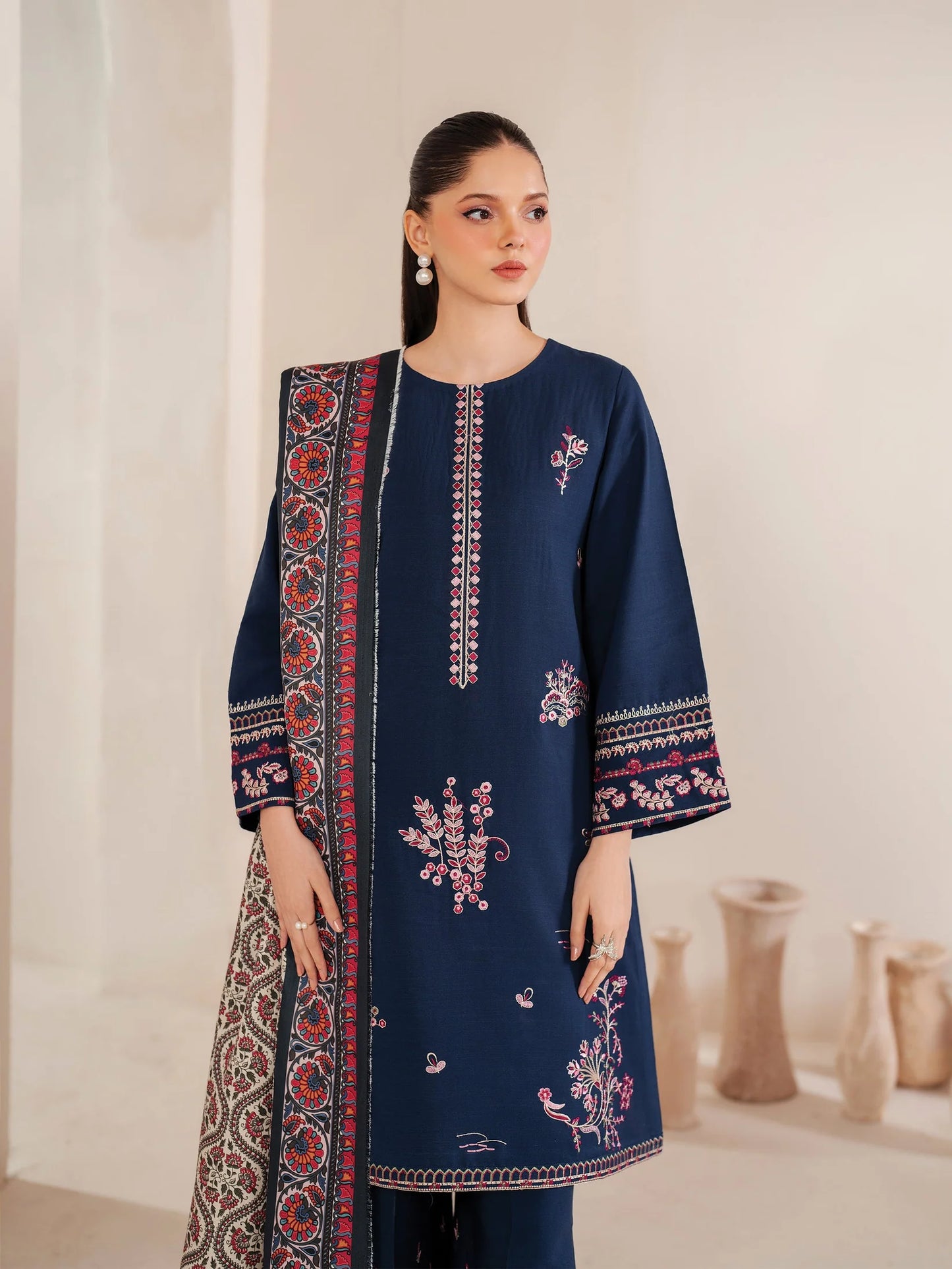 GARNET-3PC LAWN EMBROIDERED SHIRT WITH MONARK PRINT DUPATTA & LAWN TROUSER-UR-2578