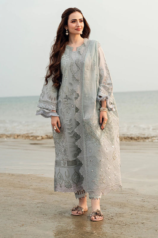 NUREH-3PC DHANAK LASER WORK EMBROIDERED SHIRT WITH CHIFFON EMBROIDERED DUPATTA & TROUSER-UR-3809