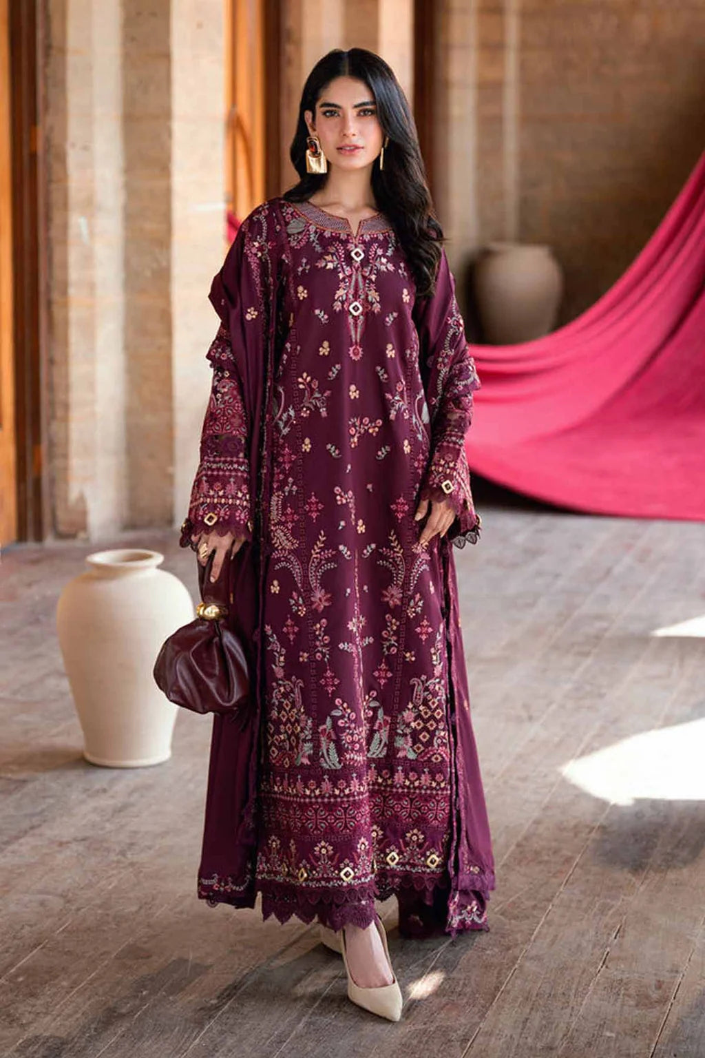 FLORENT-3PC DHANAK EMBROIDERED SHIRT WITH DHANAK EMBROIDERED SHAWL AND TROUSER-UR-4616