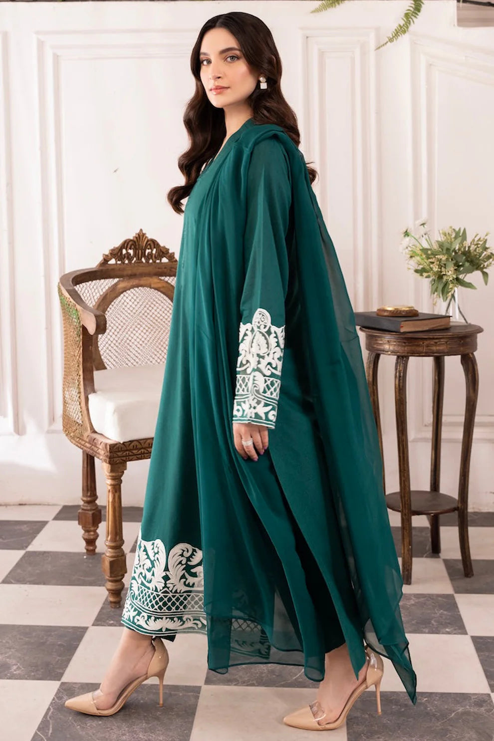 Asim Jofa-Lawn 3pc Embroidered Shirt With Bamber Chiffon Dupatta & Trouser-UR-2507