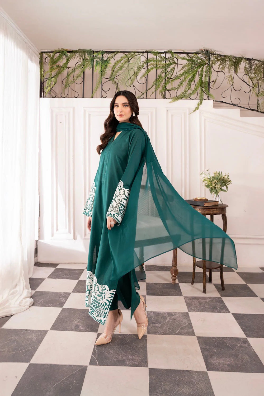 Asim Jofa-Lawn 3pc Embroidered Shirt With Bamber Chiffon Dupatta & Trouser-UR-2507
