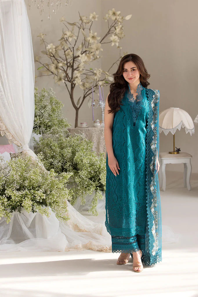 SOBIA NAZIR-3PC LAWN LASERCUT EMBROIDERED SHIRT WITH COTTON NET EMBROIDERED PRINT DUPATTA AND TROUSER-UR-2806