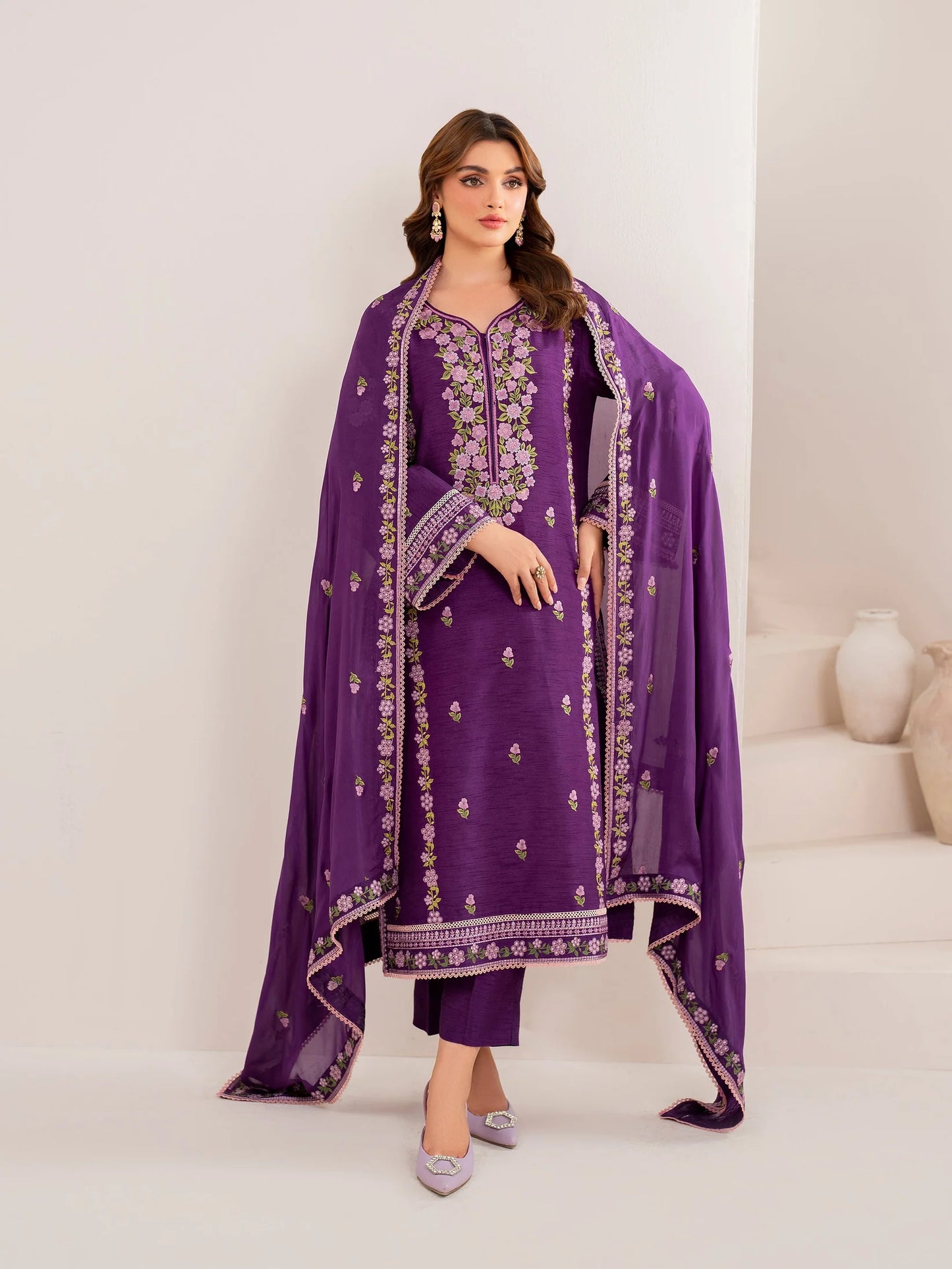 GARNET-3PC LAWN EMBROIDERED SHIRT WITH CHIFFON EMBROIDERED DUPATTA AND TROUSER-UR-2566
